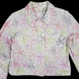 Liz Claiborne denim jacket, white with bright color embroidery